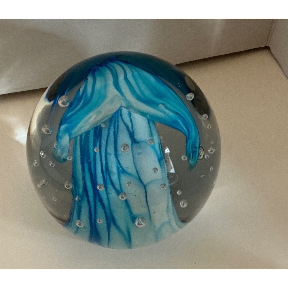 Hobby Lobby Glass Paperweight Blue Mermaid Tail Jellyfish Nautical Decor 3"